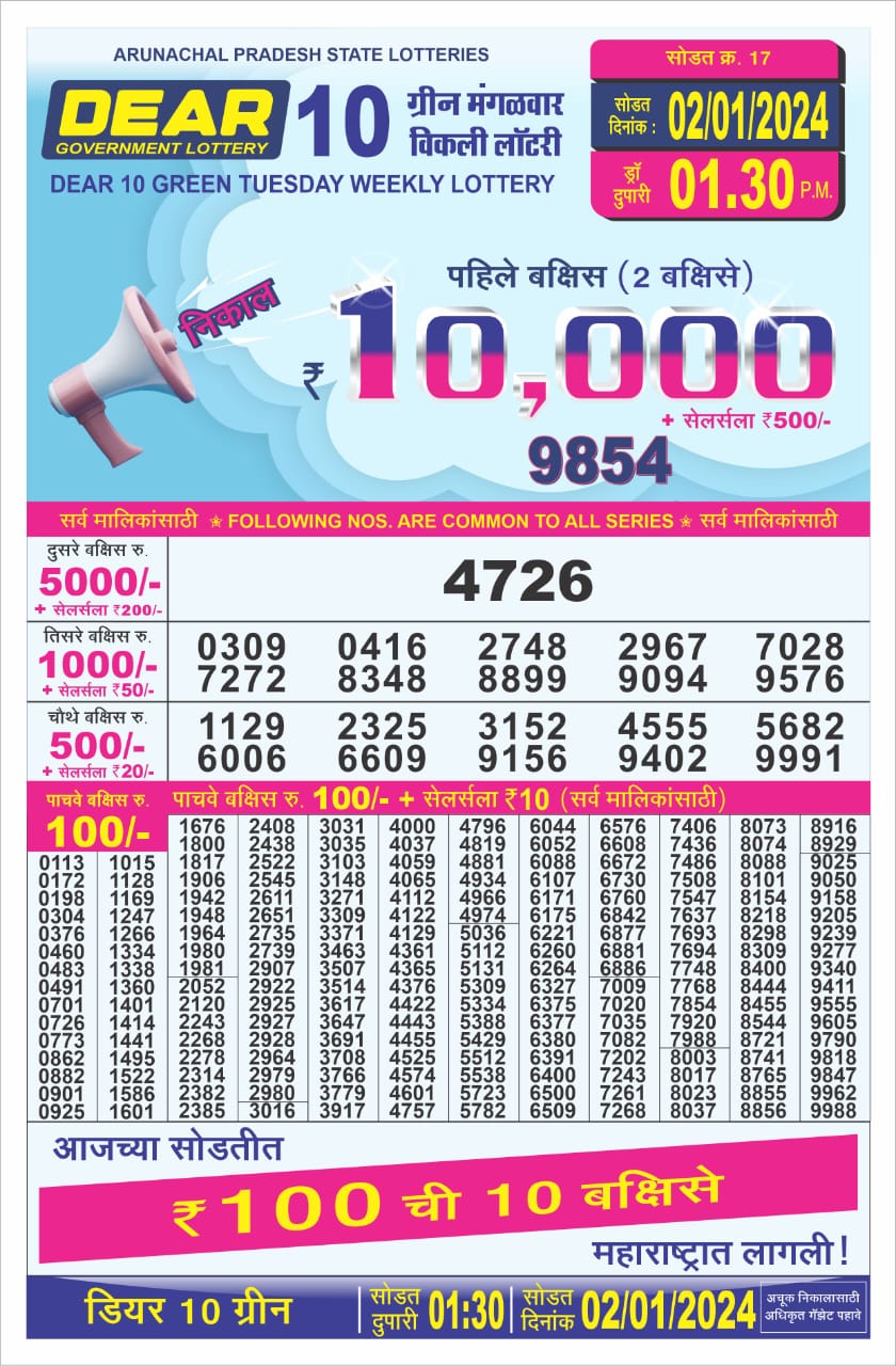 Dear 10 Green Tuesday Weekly lottery result,130 pm, 2 Jan 2024 All