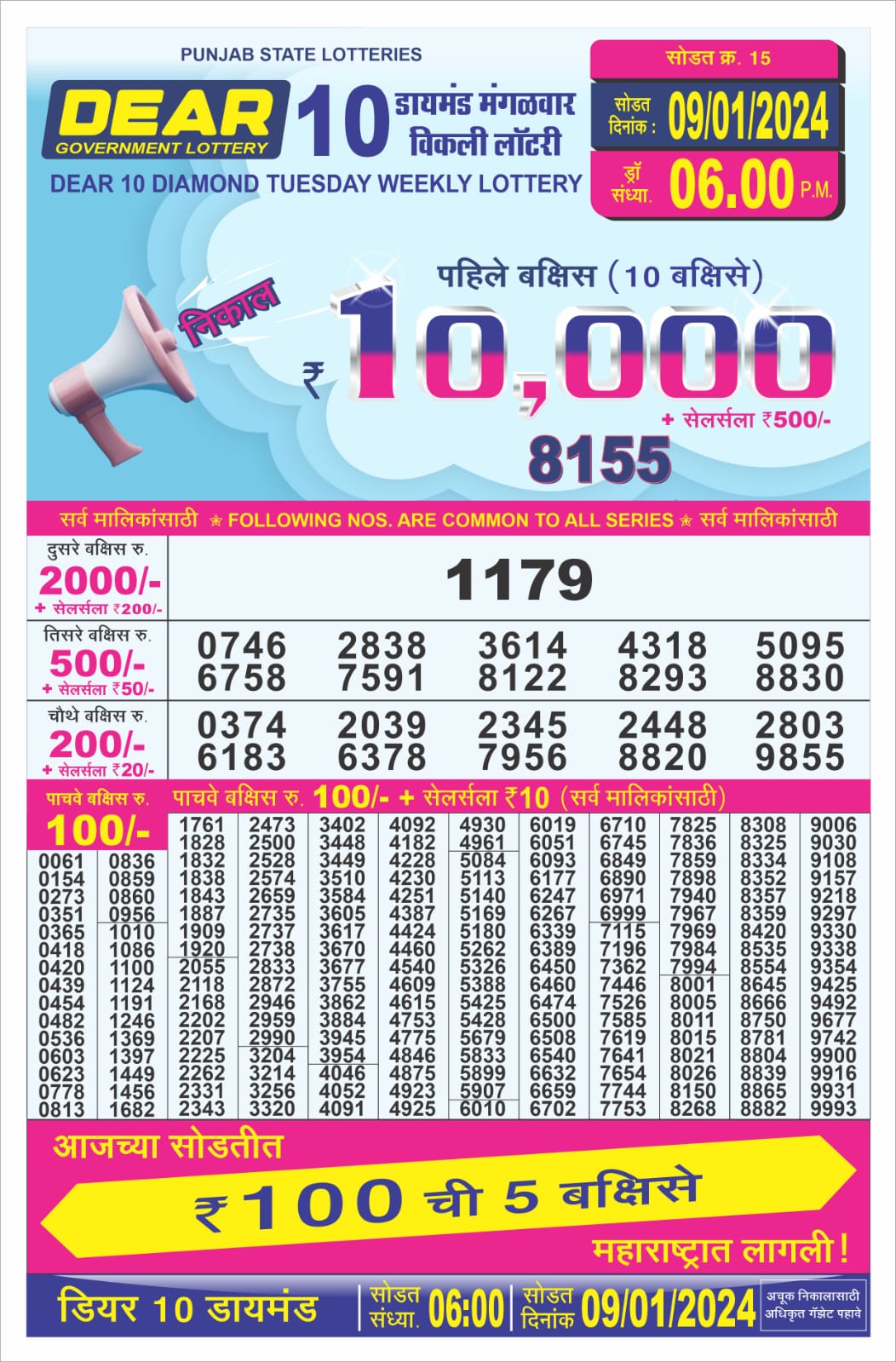 Dear 10 Diamond Tuesday Weekly lottery draw,6 pm, 9 Jan 2024 All